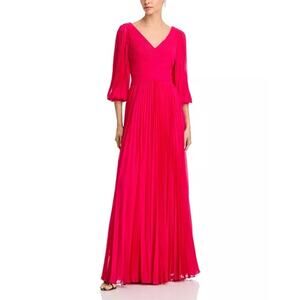 Teri Jon by Rickie Freeman Fuchsia Chiffon Pleated V-Neck Long Sleeve Gown 18